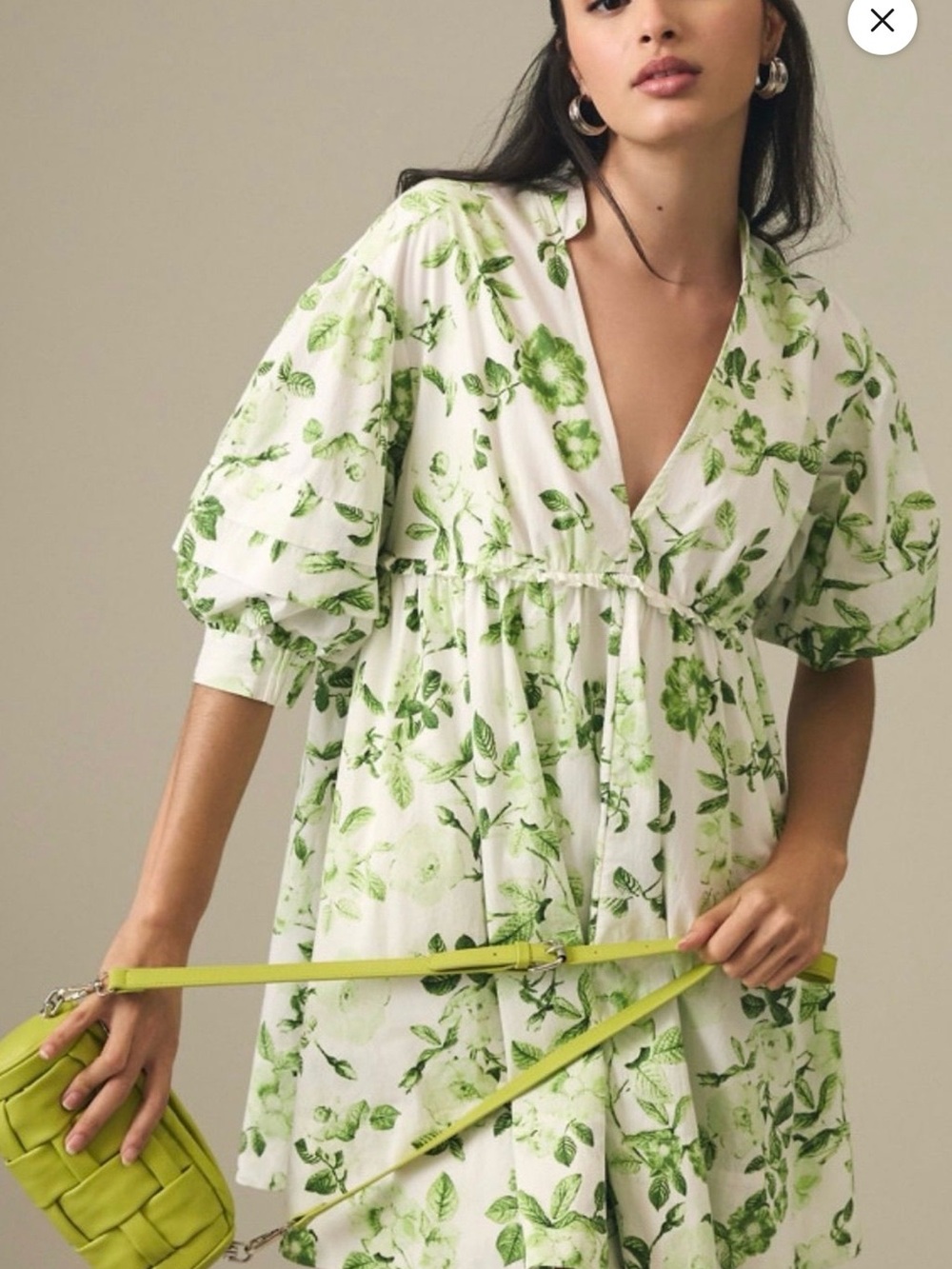 Maeve Anthropologie Green Floral Puff Sleeve Tunic Dress XXS